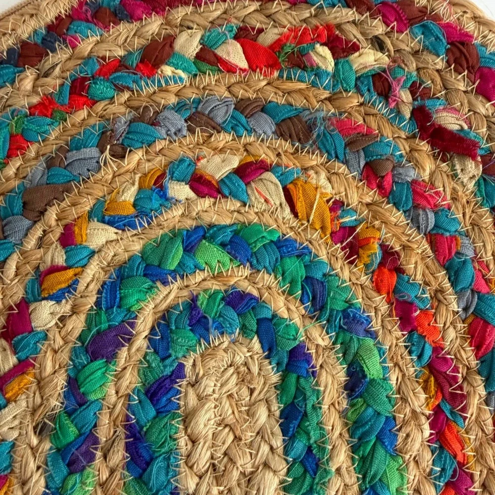 Boho Rainbow Woven Clutch Tassel Half Moon Straw Handbag Beachy Vacation Coastal
